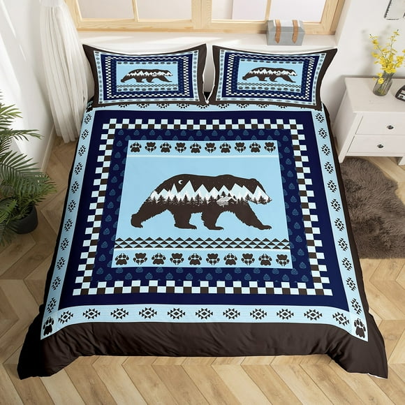 Bohemian Rustic Cabin Lodge Duvet Cover Set Twin Size,Boho Bear Hunting Bed Cover,Countryside Rustic Farmhouse Bedspread Cover Bedroom Decor（No Comforter）