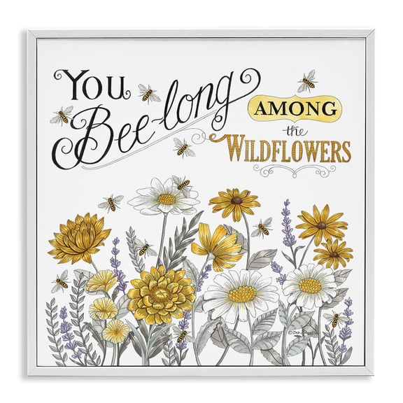 Stupell Industries Farmhouse Encouraging Bumble Bee Quote Blossoming Flower Meadow White Framed Giclee Art, 12 x 12, by Deb Strain