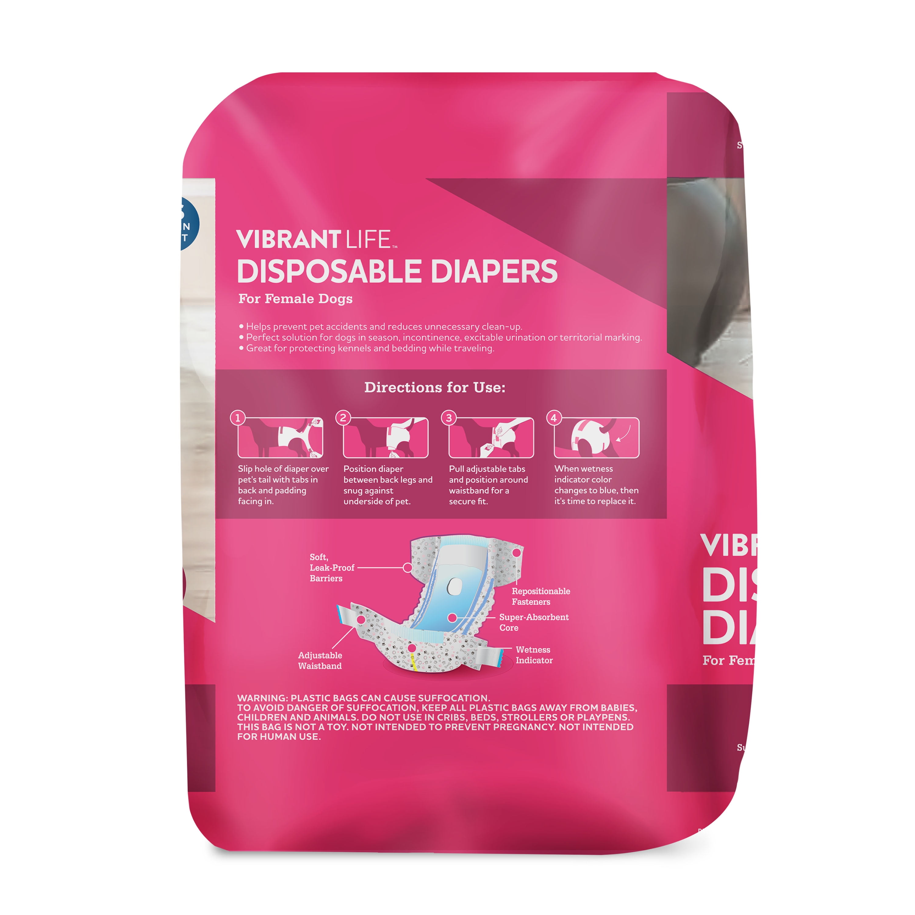 (6 pack) Vibrant Life Disposable Dog Diapers for Female Dogs, XS, 12 Count