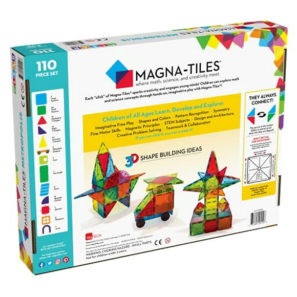 Magna Tiles Métropole Ensemble, le Bâtiment Magnétique Original Tiles pour le Jeu Créatif Ouvert, Jouets Éducatifs pour les Enfants Âgés de 3 Ans + (110 Pièces)