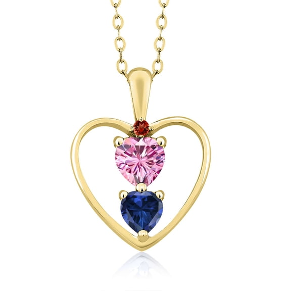18K Yellow Gold Plated Silver Pink Moissanite Blue Created Sapphire and Red Garnet Pendant Necklace for Women (1.01 Cttw, Gemstone Birthstone, Heart 5MM and 4MM, with 18 inch Silver Chain)