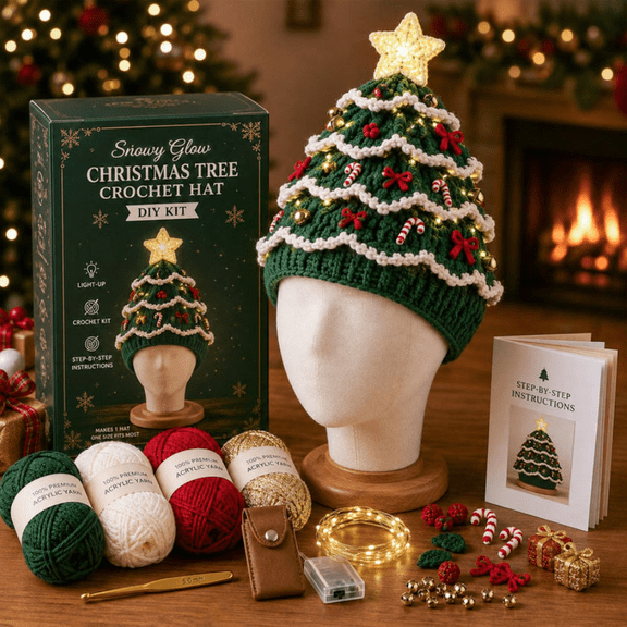 Beginner-Friendly Light-Up Christmas Tree Crochet Hat DIY Kit, Holiday Crochet Craft Kit with Festive Decorations for Christmas Party and Seasonal Home Display