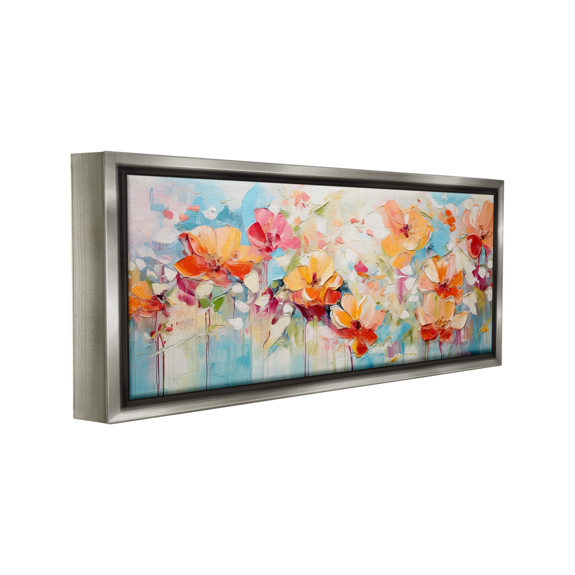 Stupell Industries Flowers with Paint Drip Botanical & Floral Painting Gray Floater Framed Canvas Art Print Wall Art, 25 x 11