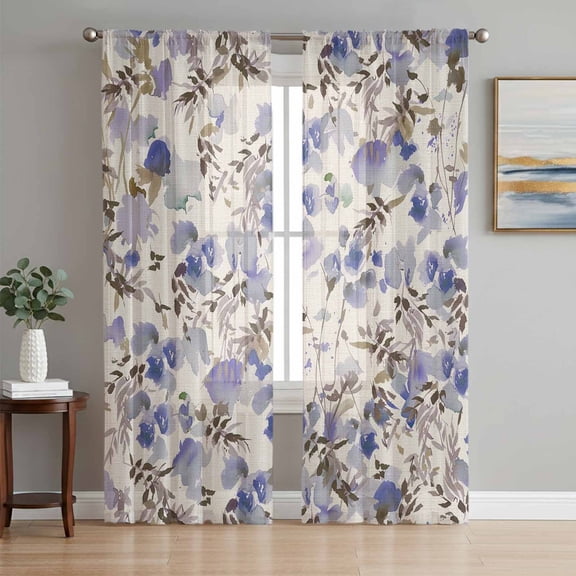 Vintage Purple Flower Sheer Curtains 72 Inch Length 2 Panels Set, Farmhouse Botanical Floral Retro Voile Window Treatment Rod Pocket Curtains Sheers Drapes for Bedroom/Living Room/Kitchen 52"x72"x2