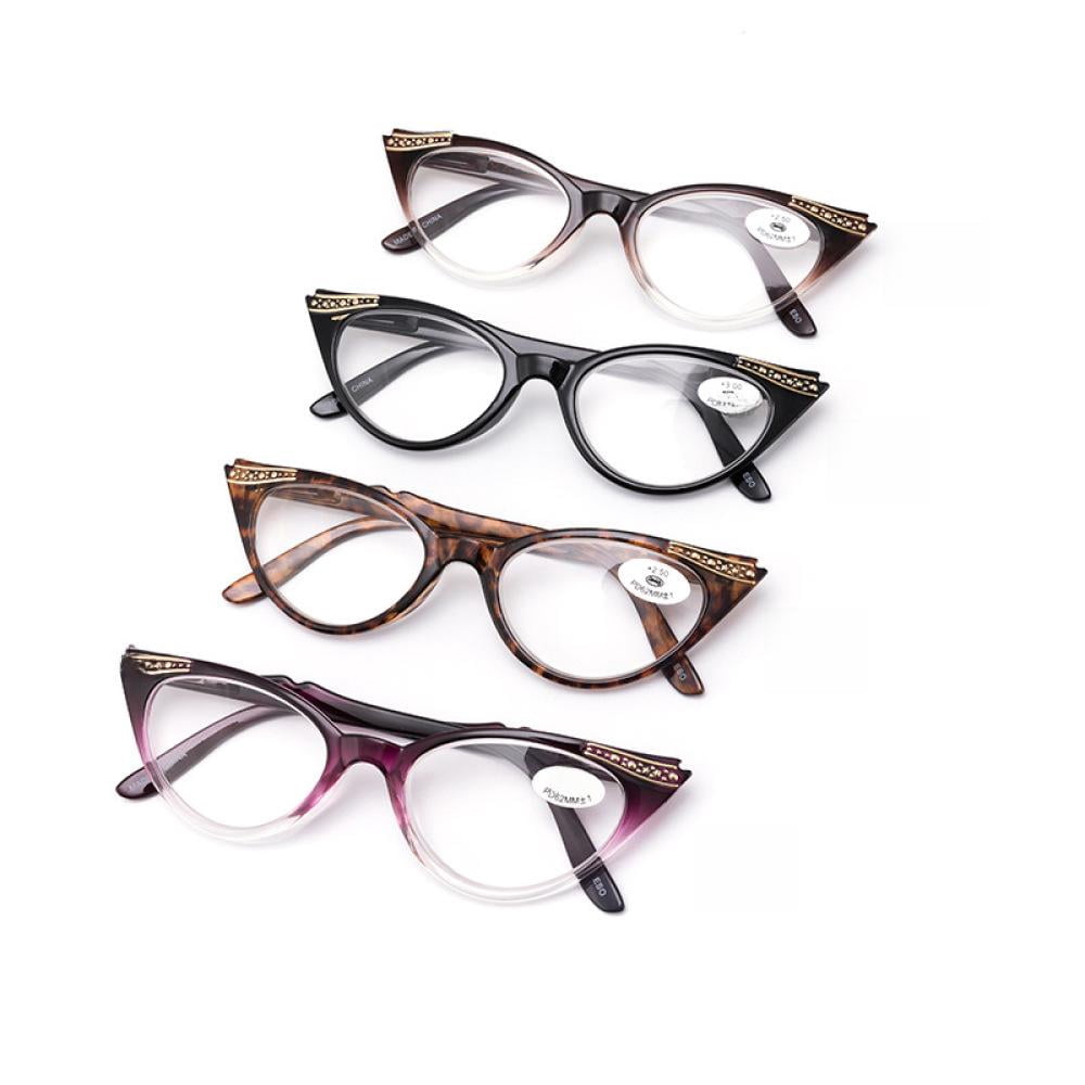 4 Pairs of Women Cat Eyes Reading Glasses Ladies Readers Spring Hinge Butterfly Trendy Plastic HD Diamond Presbyopia Glasses +3.00