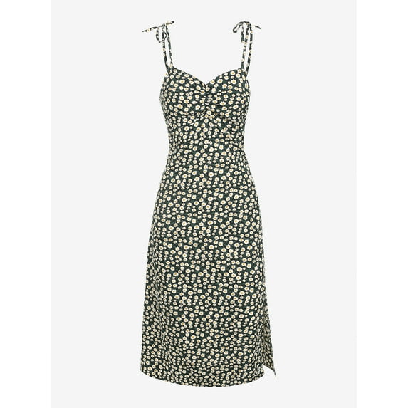 Women Leisure Tiny Floral Tie Shoulder Front Slit Midi Dress Deep Green M