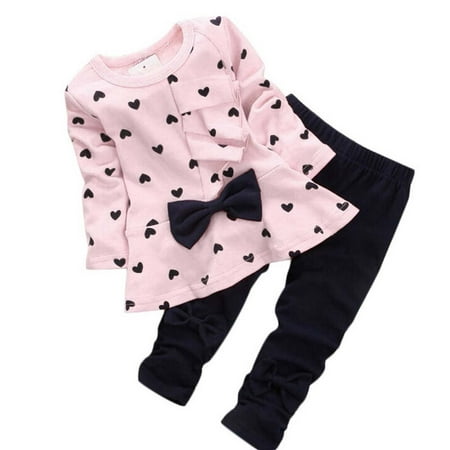 Dezsed Toddler Kids Baby Girls Clothes Heart-Shaped Print Bow Long Sleeve Shirt Pants Sets Clothes 2-6Y Kids Clothes Girls Conjunto Infantil Menina On Clearance