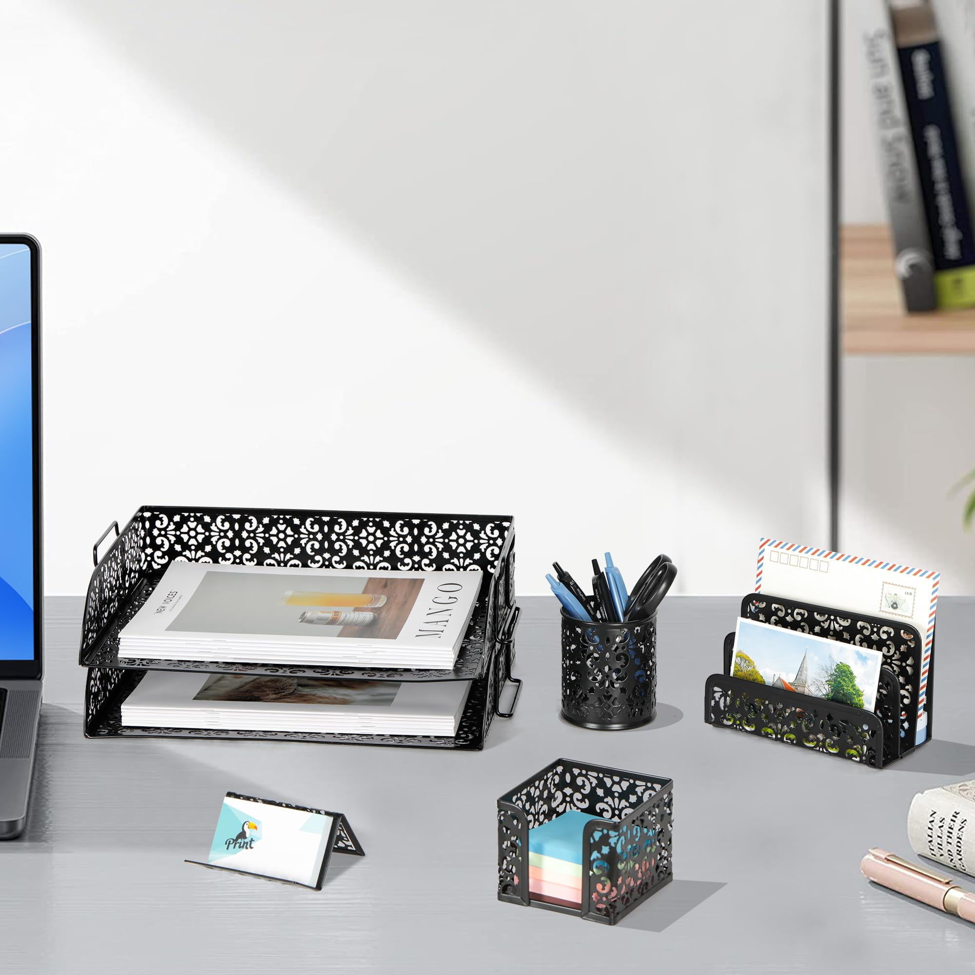 Desk Organizers And Accessories 5 Pieces Office Supplies Set - 2 Tier Paper Tray  Pencil Organizer For Mail Sorter Countertop Business Card Holder Sticky Note Black