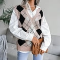 thumbnail image 4 of Women's Color Block Checkered Sleeveless Ribbed Knit Sweater Vest Casual Solid Color Loose Fit V-Neck Vest, 4 of 6