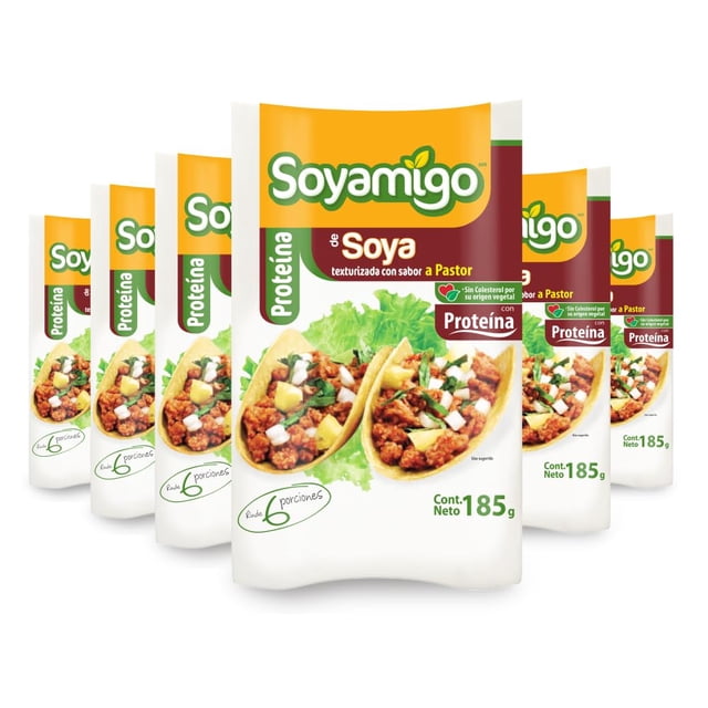 Soyamigo | Soya Sabor Pastor 185g | Paquete de 6 piezas | Proteína 100% vegetal | Sin conservadores | Sin colesterol |Sin grasas trans | Sin sellos
