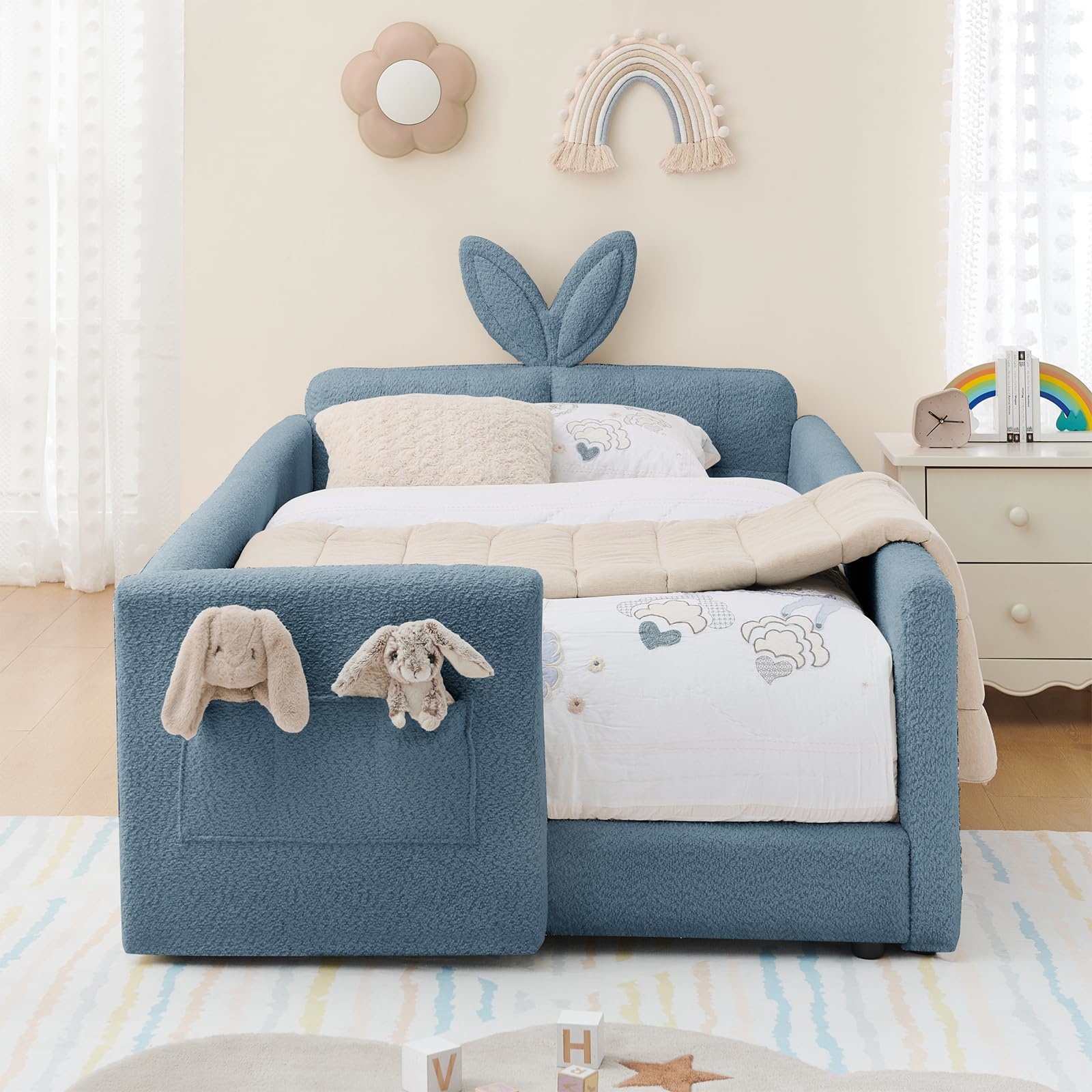 Deiokin Twin Size Bunny Ear Platform Bed Frame, Upholstered Boucle Fabric Bed Frame with Safety Rail & Storage Pocket