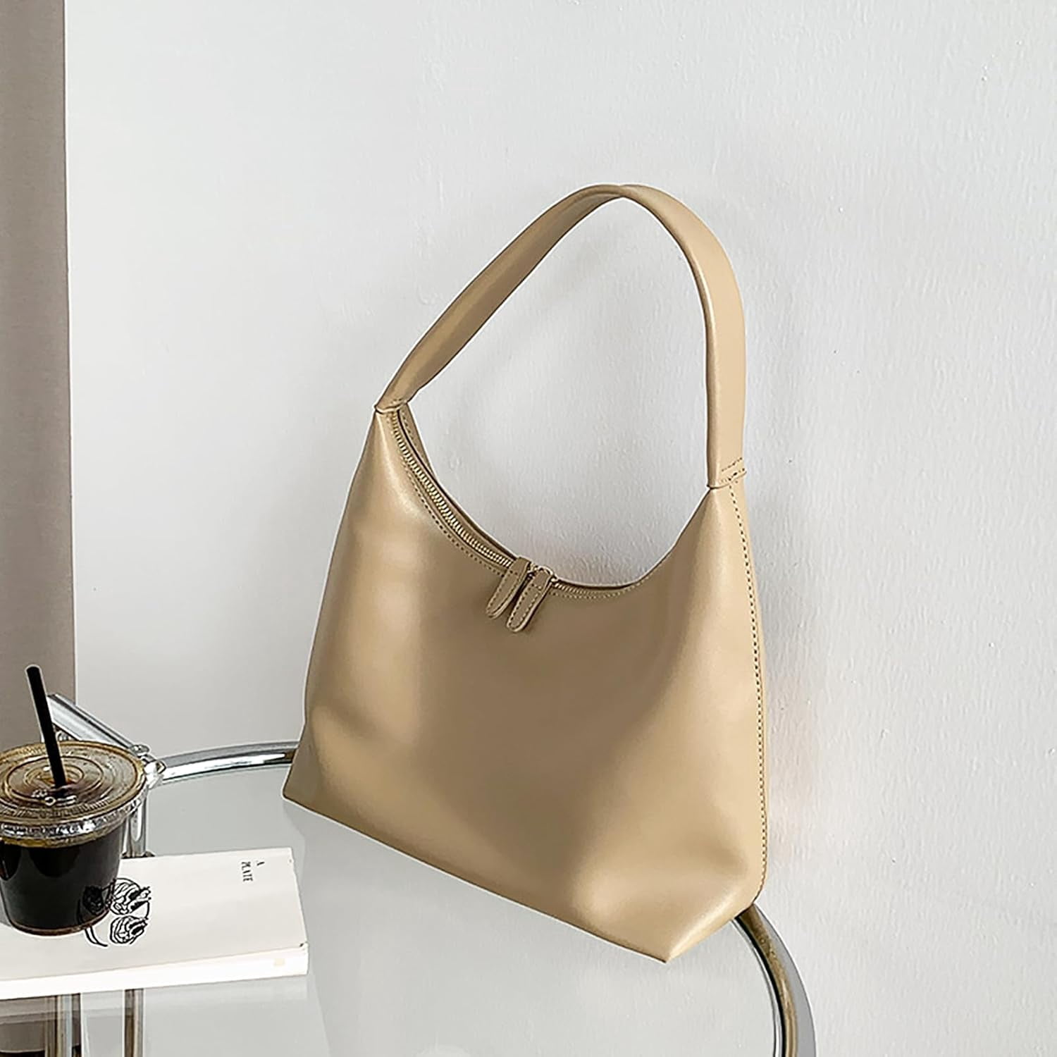 Kwuty Leather Hobo Bag Small Shoulder Purses for Women Slouchy Tote Handbag Vegan Leather Crescent Bag