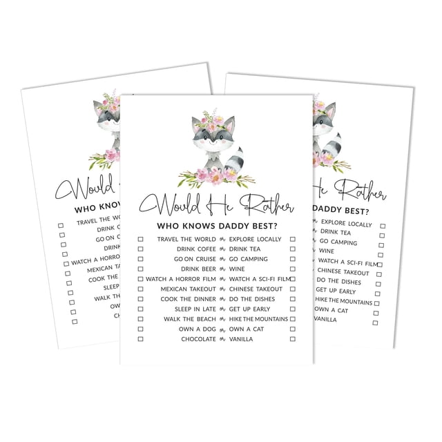 Inkdotpot Gender Neutral Who Knows Daddy BestBaby Shower GameCards-FunActivity Cards Set Of 50Floral Raccoon Party Theme
