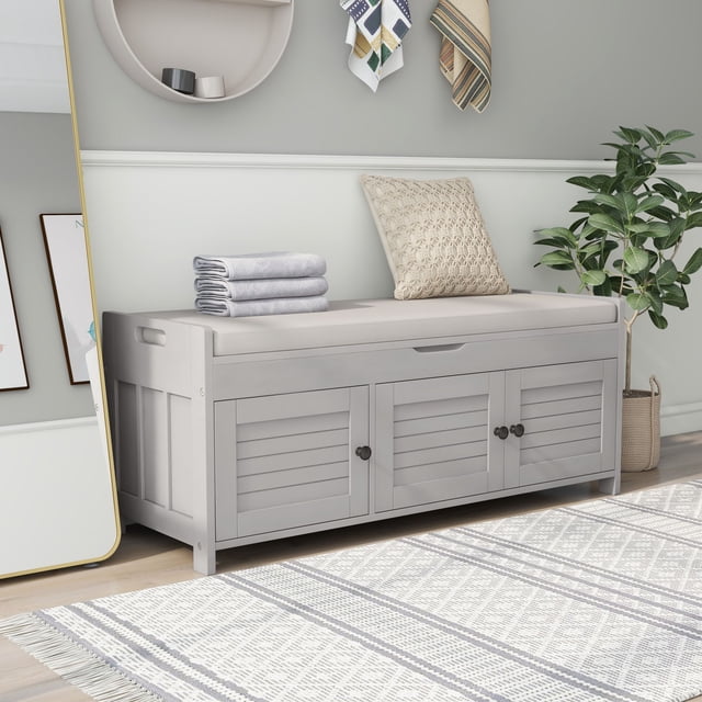 Homy Casa Storage Bench with 3 Shutter Doors & Removable Cushion, Gray Wash