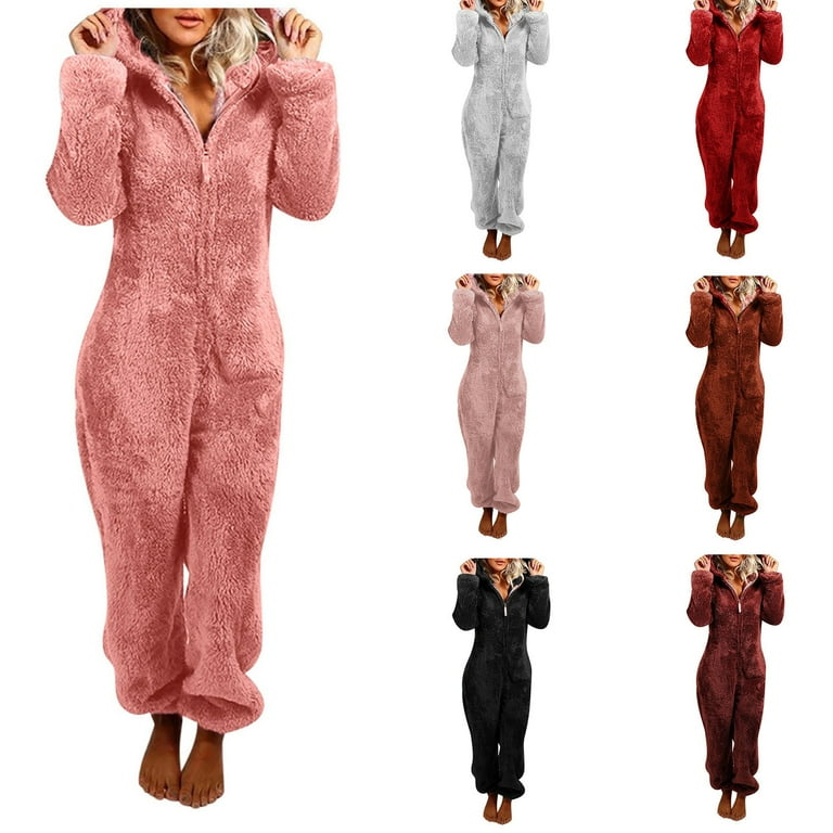 jsaierl Women Onesies Fluffy Fleece Jumpsuits Sleepwear Plus Size