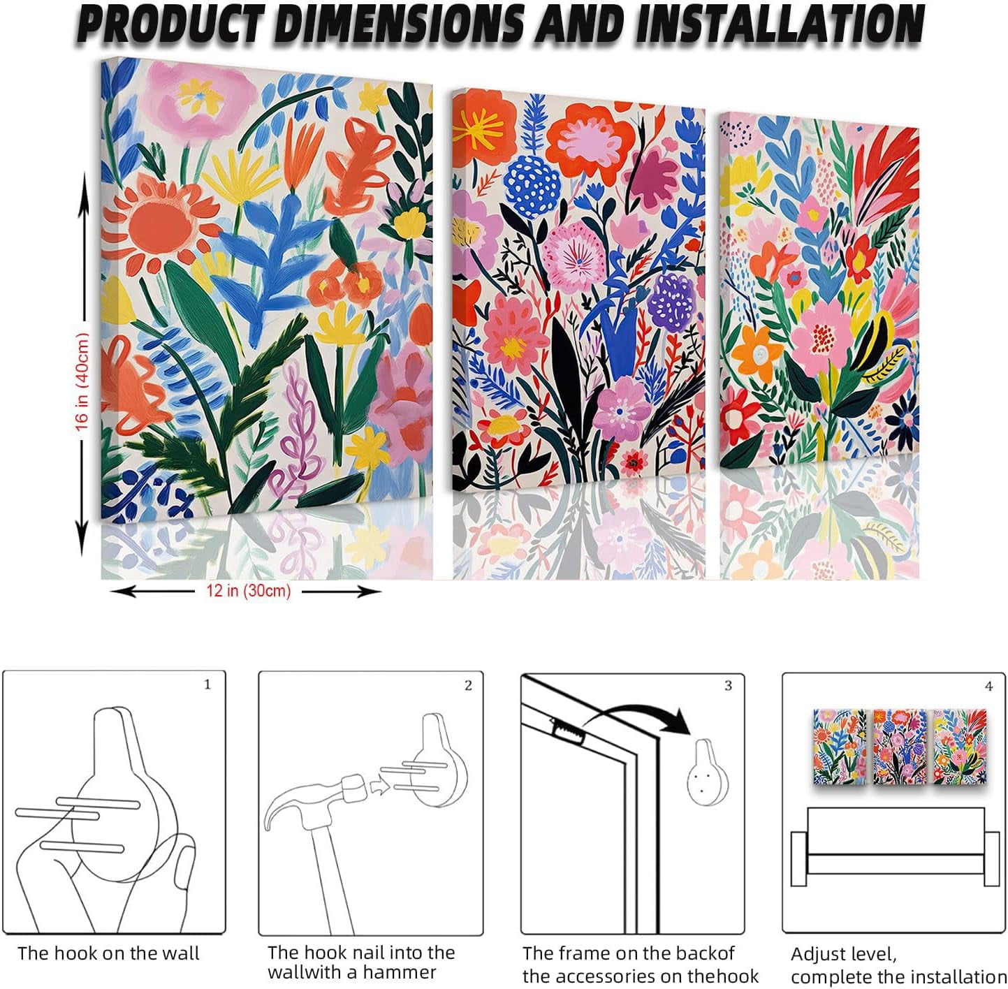 Henri Matisse Wall Art Colorful Floral Painting Canvas Prints Set of 3 Flower Market Poster Pictures Watercolor Wall Decor for Nursery Living Room Bedroom Bathroom 12"x16" Framed