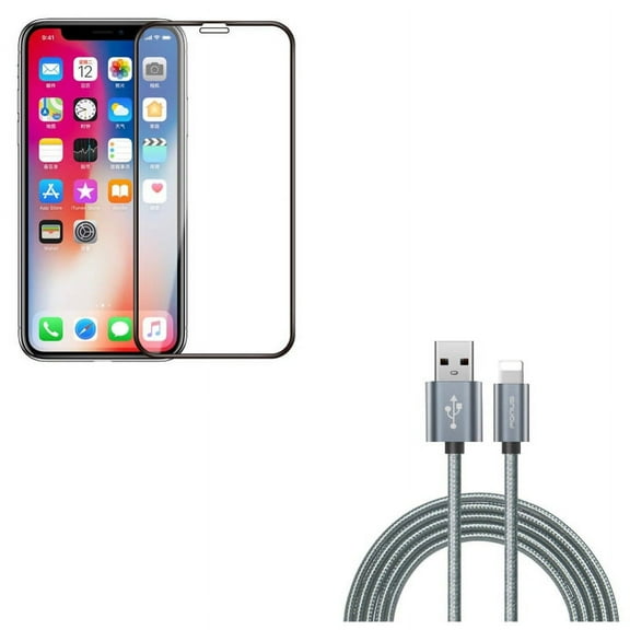 iPhone XS/X - Tempered Glass Screen Protector w Charger Cord 10ft USB Cable - 5D Touch Curved Edge Full Cover Bubble Free Case Friendly 9H Hardness, Power Wire Braided Long Sync Fast Charge