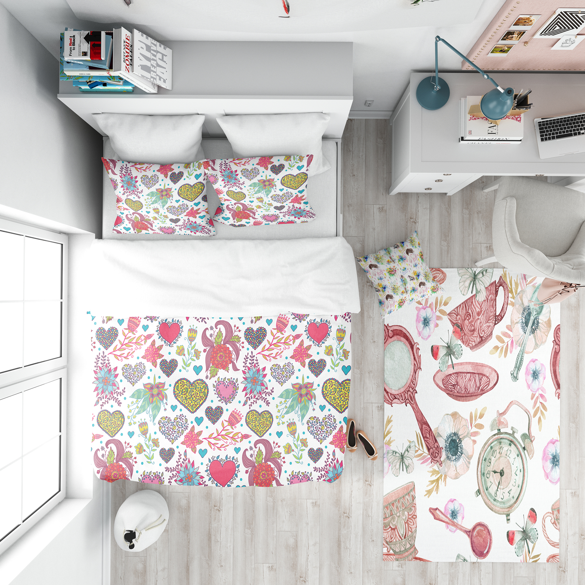 Designart 'Beautiful Flowers & Hearts Pattern' Modern kids Teen Duvet Cover Set