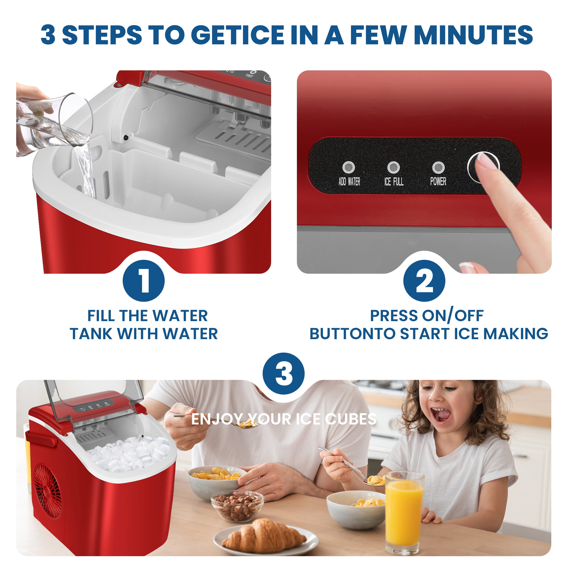 KISSAIR Portable Ice Maker Countertop, 9Pcs/8Mins, 26lbs/24H, Self-Cleaning  Ice Machine with Handle for Kitchen/Office/Bar/Party, Black