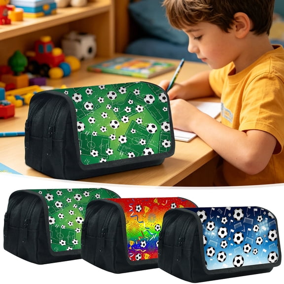 Under 1$ Pencil Case Soccer Themed Large Capacity Double Zipper Fabric Pen Pouch 8.3x3x3.9in for Teens Desk Supplies by Xuniizn
