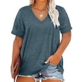 thumbnail image 5 of aohooy Womens Plus Size V Neck Short Sleeve T-Shirts Casual Summer Tops Oversized Loose Fit Split Tees Ladies Basic Shirt Top Sky Blue,XXXXL, 5 of 6