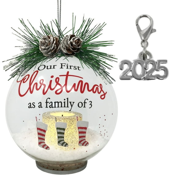Our First Christmas as A Family of 3 Dated 2025 LED Lighted Glass Ball Ornament 4" Diameter - 1925