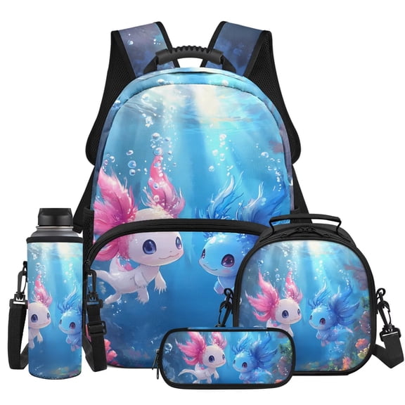 Yspwyqan Pink Blue Axolotl School Backpack Set for Kids with Lunch Box Pencil Case Water Bottle Bag, Lightweight Bookbag Fits 13 Inch Laptop for Elementary Middle School