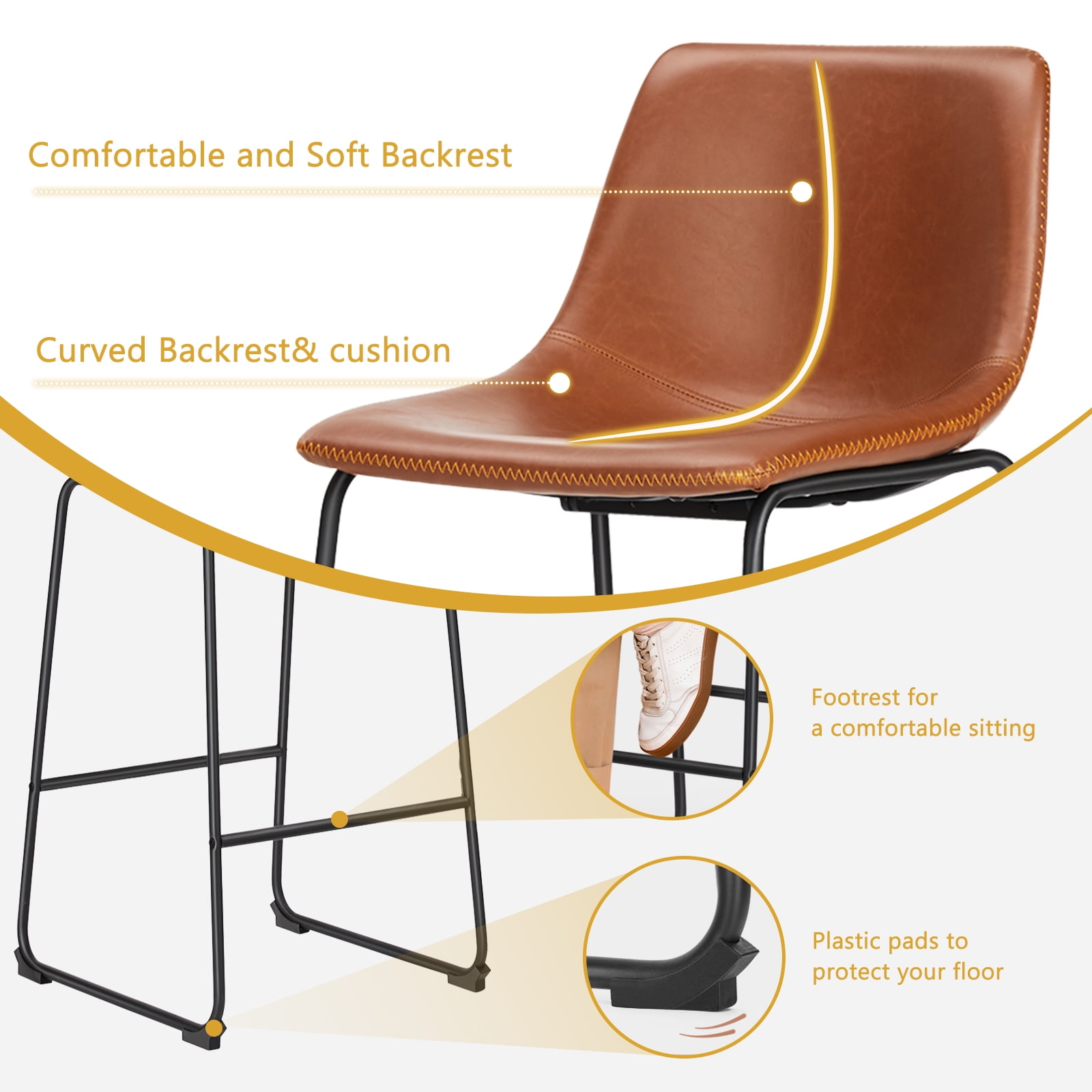 4-Pack Counter Height Bar Stools, Faux Leather Barstools with Back, 26 inch Seat Height Island Stools Countertop Brown Bar Chairs with Metal Legs