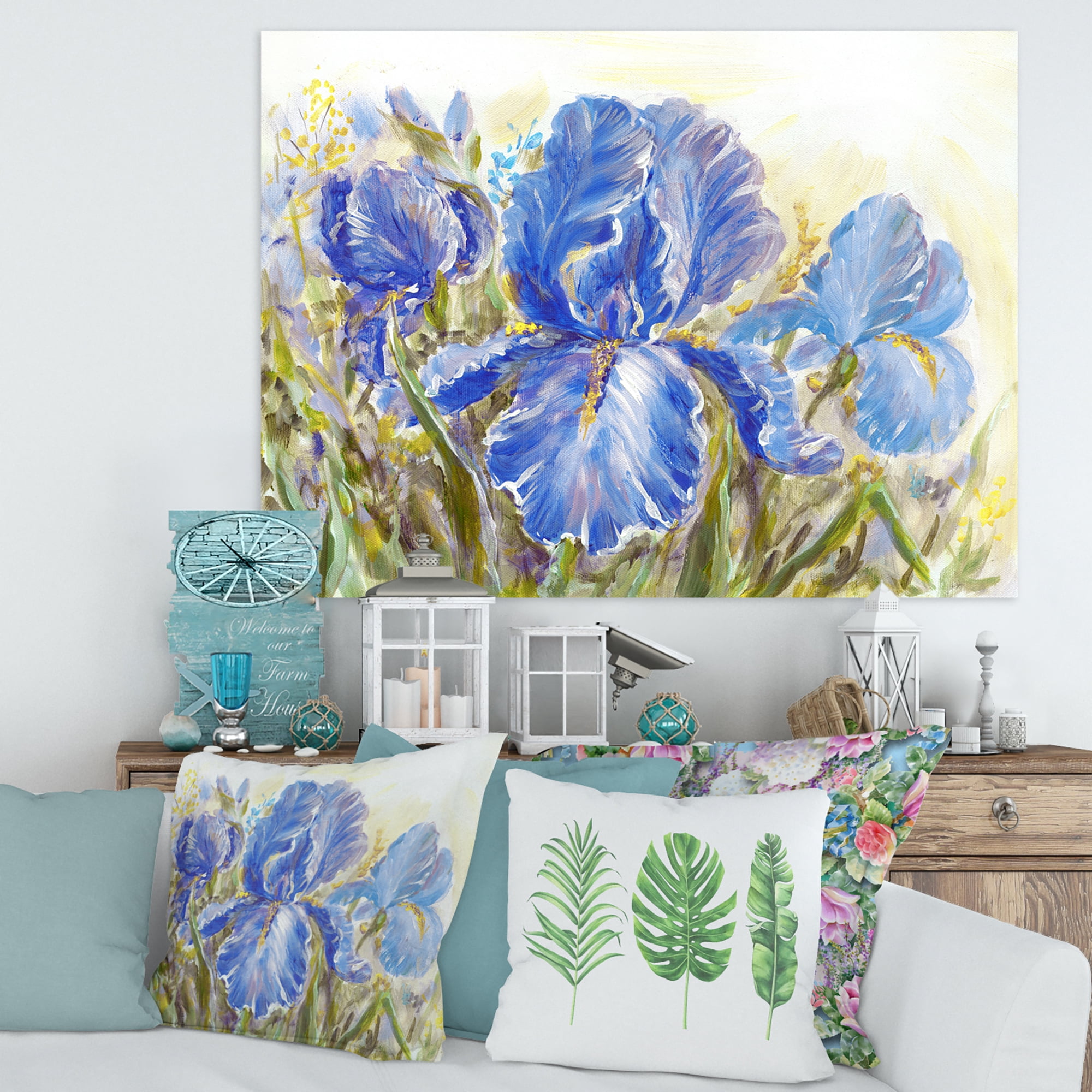 Designart ' Blue Irises Blossoming Flowers ' Traditional Canvas Wall Art Print