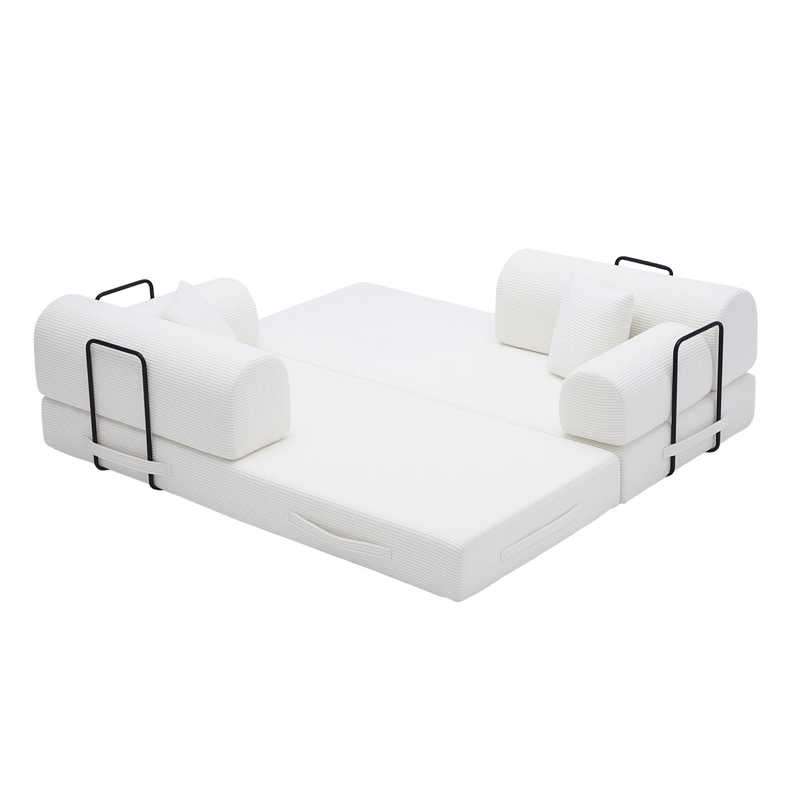 Hommoo Modern Convertible Sleeper Sofa Couch Bed, Compressed Corduroy Fabric Floor Sofa Couch with Fixed-Shape Frame, Beige