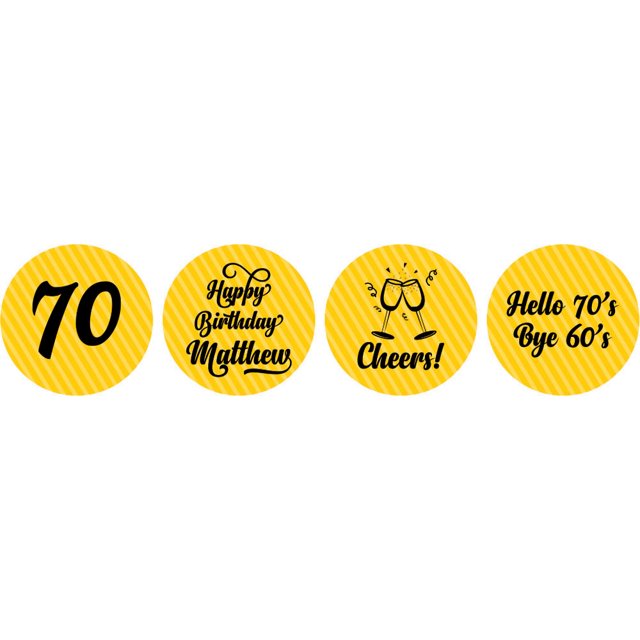 Darling Souvenir Cheers 70th Birthday Custom Name Stickers 190 Pcs Candy Labels Party Favor-Yellow