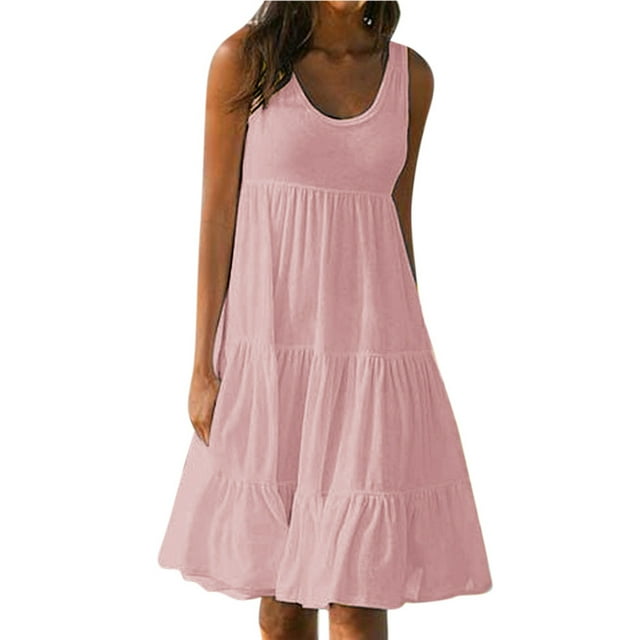 B91xZ Robes Maxi pour Femmes 2024 Décontractées Sans Manches Col Rond Taille Élastique Smockée Robe Midi à Volants, Rose TTG