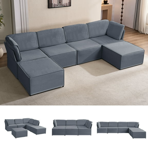 Puremind Modular Sectional Sofa with Movable Ottoman, Convertible U Shaped Couch, Linen 6 Seater Free Combination Sleeper Sofa for Living Room, Dark Gray