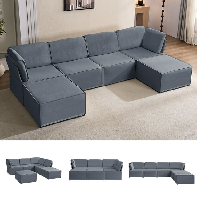 Puremind Modular Sectional Sofa with Movable Ottoman, Convertible U Shaped Couch, Linen 6 Seater Free Combination Sleeper Sofa for Living Room, Dark Grey
