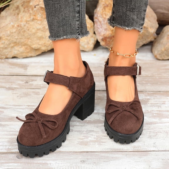Women's Mary Jane Shoes Summer Daily Versatile Cute Bow Round Toe Trendy Comfortable Chunky Heel Dress Shoes with Adjustable Ankle Strap Coffee 6