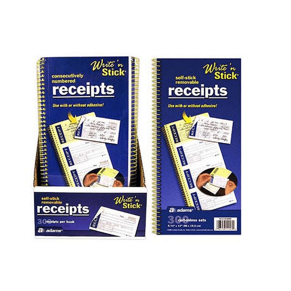 Adams Business Forms Write N' Stick Receipt Book, 75/8"x11" 3 Pack, 600 Total