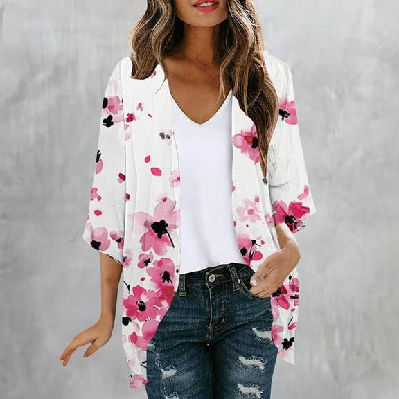 AGWOLF Oversized 3/4 Sleeve Women's Summer Floral Print Kimono Cardigans Plus Size Open Front Boho Chiffon Beach Cover Up Tops Multicolor,XXXL