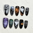 thumbnail image 4 of Press On Nails Long Almond, Halloween Ghost Pumpkin Castle Resin Fake Nails, Black Spooky Rose Spider Web Stick On False Nails, Reusable Wearable Nail Tips for Women Holiday Party Manicure,30 Pcs, 4 of 8