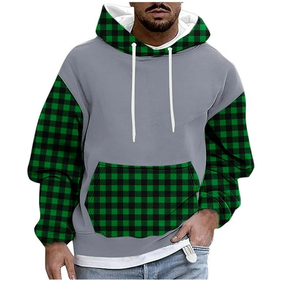 Men’s Sweatshirts Long Sleeve Pullover Patchwork Plaid Jacquard Hoodie Casual Drawstring Hoody Top Green XXL