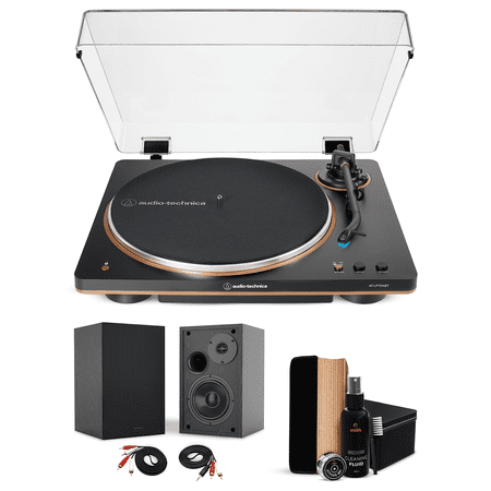 Audio-Technica AT-LP70XBT-BZ Automatic Turntable, 2 Bookshelf Speakers & Record Cleaner Kit - Bundle
