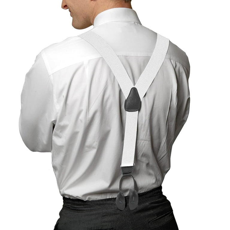 Hold'Em Men Y-Back Genuine Leather Trimmed Button End Tuxedo Suspenders  Many Colors and Designs - White with Black Leather (Regular 46 long)