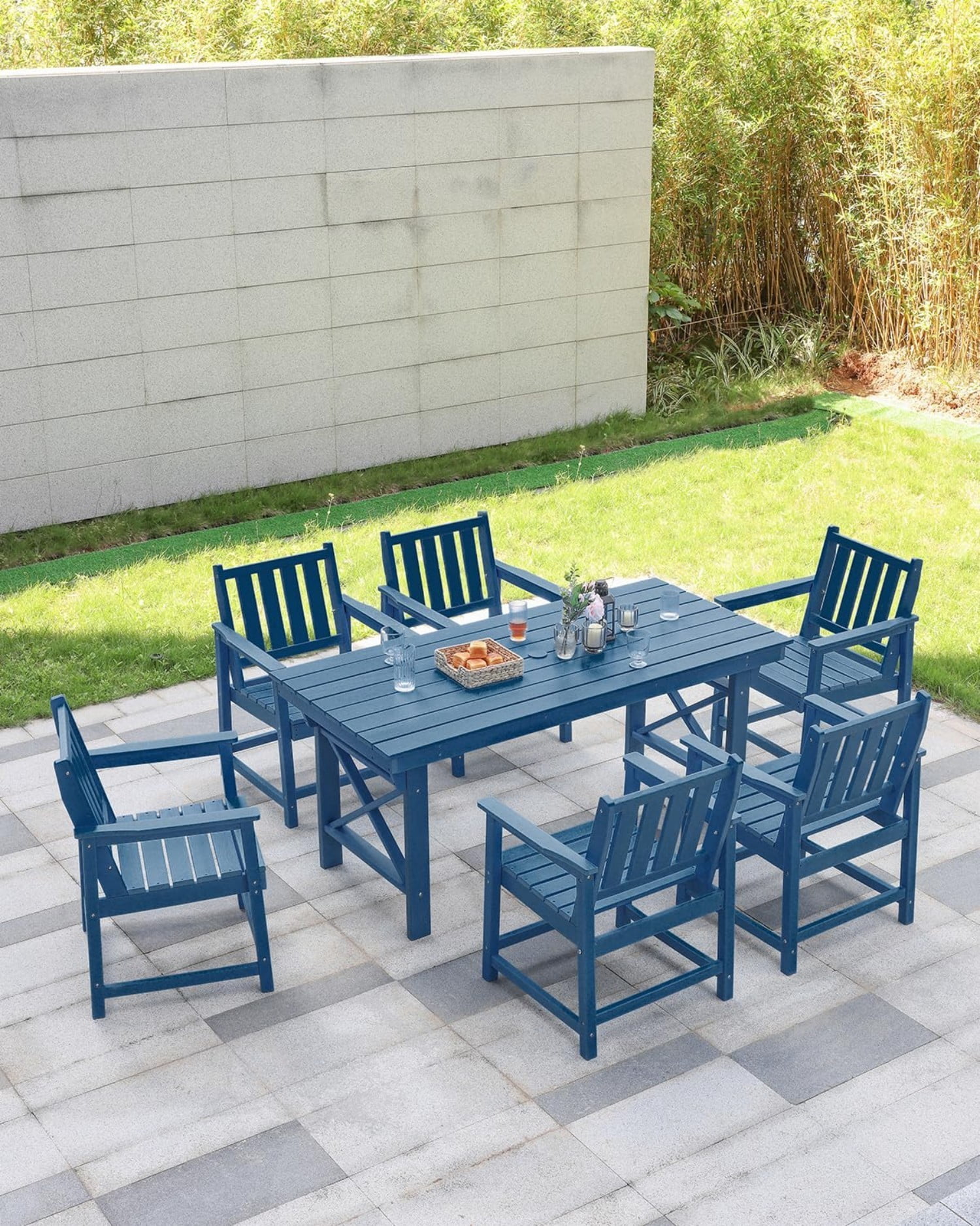 HDPE Outdoor Dining Table for 6, 66.9" Rectangular Patio Dining Table with 2.2" Umbrella Hole, All-Weather Outdoor Table for Backyard, Deck, Garden, Poolside, Navy