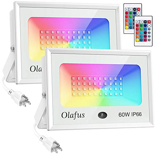 Olafus 2 Pack 60W RGB LED Flood Light Outdoor, Dimmable Color Changing  Floodlight Fixture with Remote, Ip66 Waterproof Wall Wash Light, 16 Colors  4 