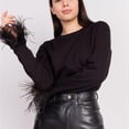 thumbnail image 3 of Inevnen Women's Long Sleeve Basic Top Feather Trim Slim T- Shirt Faux Fur Blouse, 3 of 6