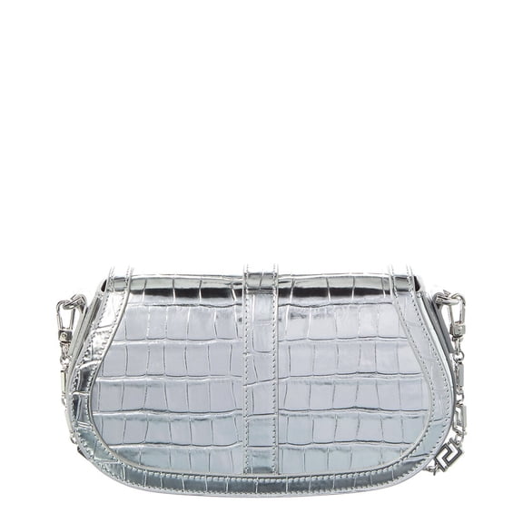 Versace Croc-Embossed Leather Shoulder Bag, Silver