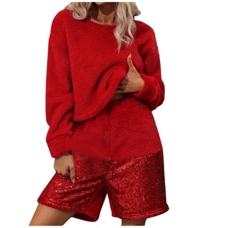 

REORIAFEE Christmas Pajamas Soft Women s Short Sleeve Sleepwear Shorts Shirt PJ Set Shorts Sequined Long Sleeve Round Neck Plush Two-Piece Suit Red L