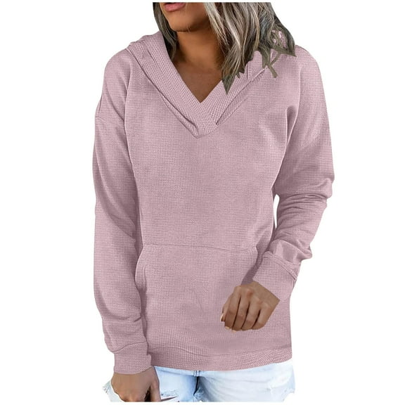 Sevevn Womens Waffle Hoodies 2025 Sweatshirt Fall Long Sleeve Loose Side Slits Stacked V Neck Tops With Pockets