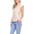 thumbnail image 4 of Blusa de mujer con volantes de cuadros Gingham Inspire Chic, cuello en V, manga corta, color caqui claro, talla M, 4 of 6