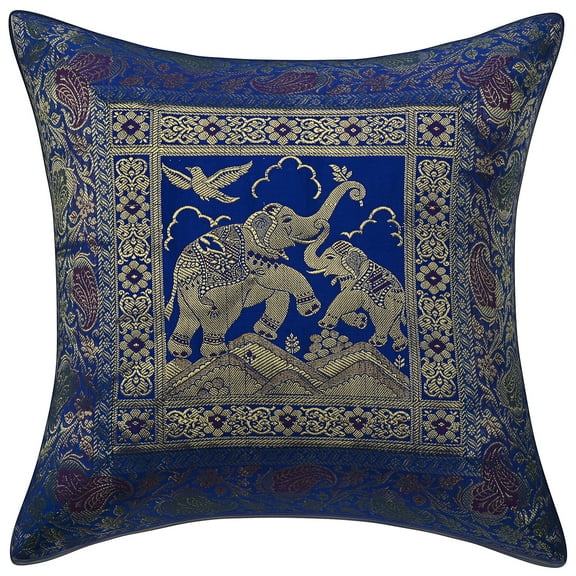 Stylo Culture Indian Settee Sofa Throw Pillow Cover 16 x 16 Floral Jacquard Blue Square 40x40 cm Home Decor Brocade Elephant Zippered Cushion Cover | 1 Pc