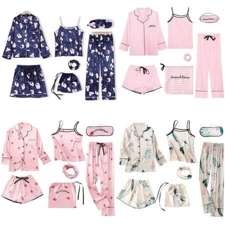 

Rong Yun 7PC Silk Women Lingerie Camisole Print Shorts Pant Pajamas Blindfold Sleepwear